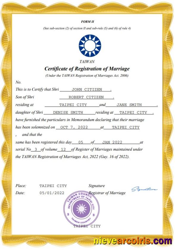 Taiwan marriage certificate